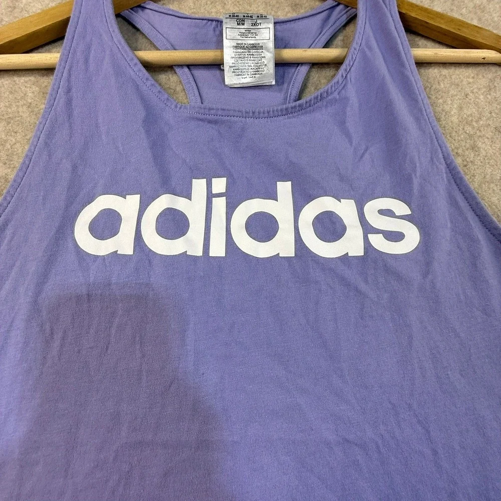 Adidas Womens Racerback Tank‎ Top Purple White Logo Graphic Athletic Size Medium